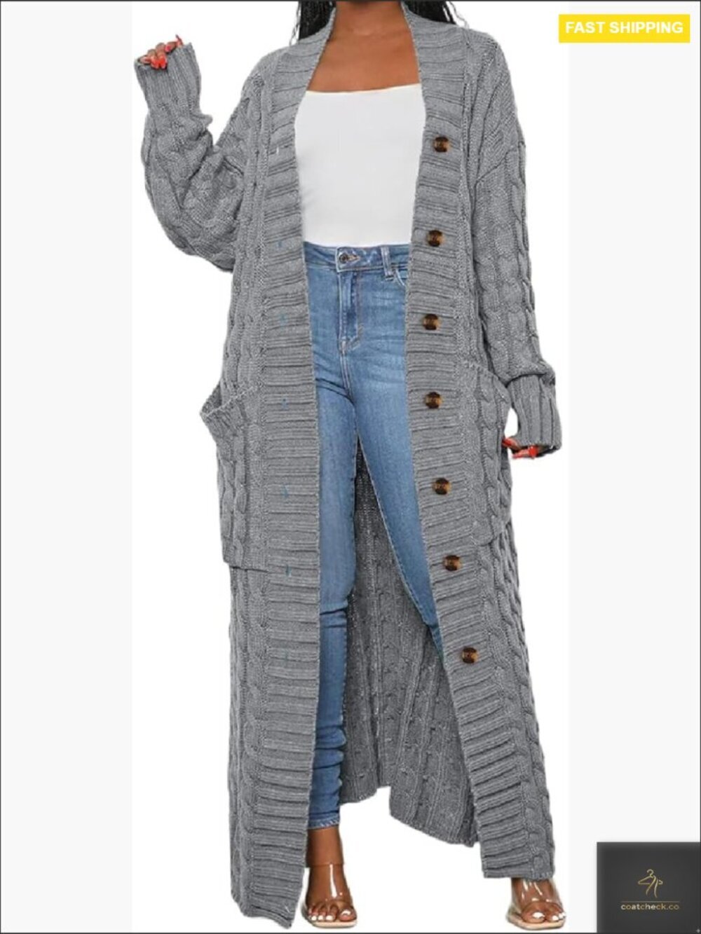 Chunky Cable Knit Cardigan with Pockets Maxi Length Loose Fit V-Neck Long Sleeve
